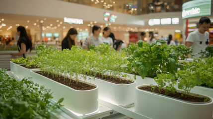 Indoor hydroponic farm with fresh green herbs growing in modern containers inside a busy shopping mall