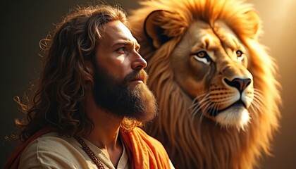 Symbolic representation of Jesus Christ as Lion of Judah. Savior with beard, orange robe, bead necklace, brown hair, lion. Religious themes evoke messianic prophecies, faith, power, divinity.
