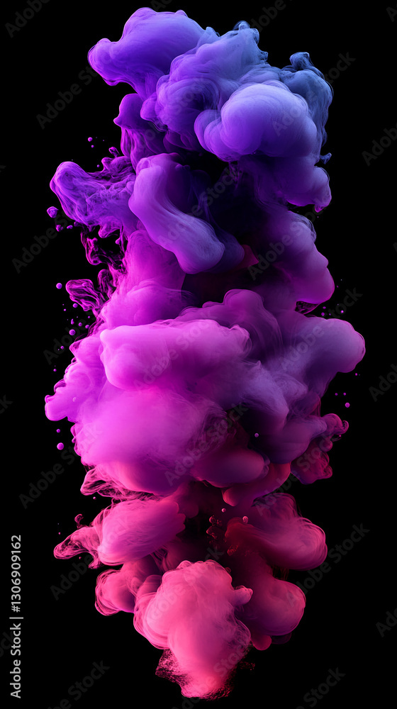 Poster Abstract image of purple and pink ink swirling in water, creating a dynamic and colorful cloud-like formation against a black background, symbolizing energy, creativity, and fluidity