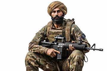Fototapeta premium Indian Soldier in Uniform on White Background – Proud, Disciplined, and Brave Military Man Representing Strength, Leadership, and Commitment to Service in the Indian Army with Honor and Courage