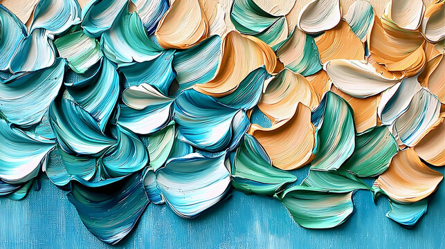 Abstract teal, orange, and white impasto painting texture; ocean waves background; art print, website design