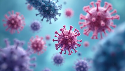 Close-up of virus cells. Illustration of immune cell response, cells recognize and attack pathogens. The structure of virus on blue background. Biology and medicine, scientific illustration.