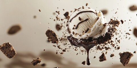 Flying cookies and cream ice cream with chocolate syrup and cookie crumbles on a dynamic brown and white background
