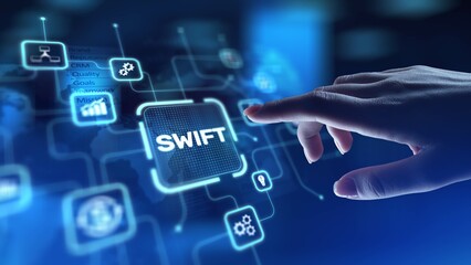 SWIFT Society for Worldwide Interbank Financial Telecommunication, projection on a virtual screen, Business and Technology Concept.