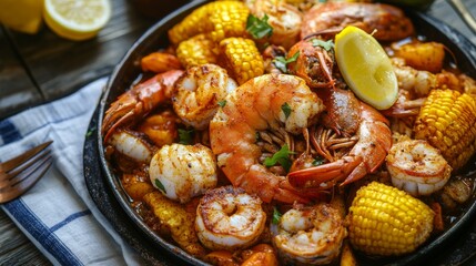 Homemade Cajun seafood boil with shrimp, crab, and corn on rustic table