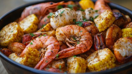 Homemade cajun seafood boil with shrimp, crab, and corn on rustic table