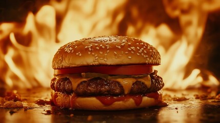 A juicy burger with flames and sizzling oil in the background, food photography, high resolution, hyper-realistic, professional photograph