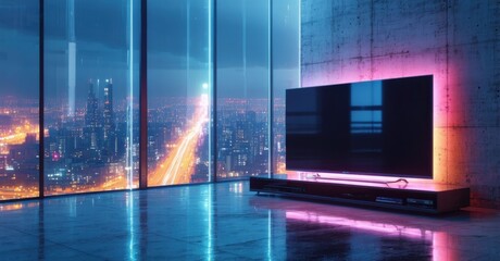 Modern widescreen tv dark empty screen standing futuristic high rise apartment reflecting neon city lights glass wall behind it