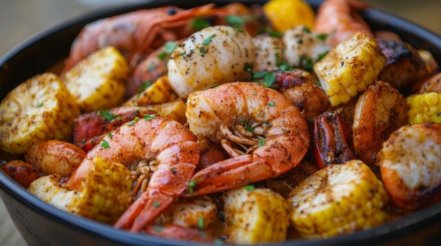 Homemade cajun seafood boil with shrimp, crab, and corn on rustic table