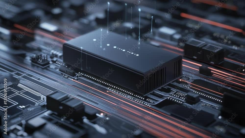 Poster complex quantum computing system processes data on advanced motherboard, featuring glowing lines and