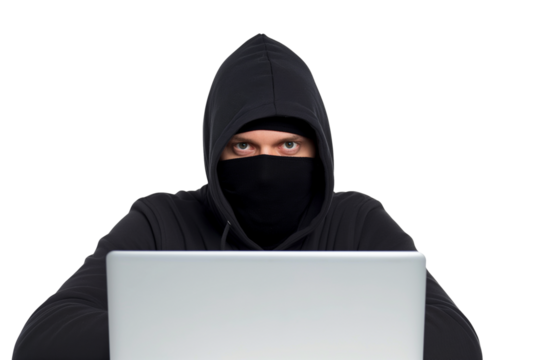 Serious young  male ethical hacker typing on laptop isolated on transparent white background