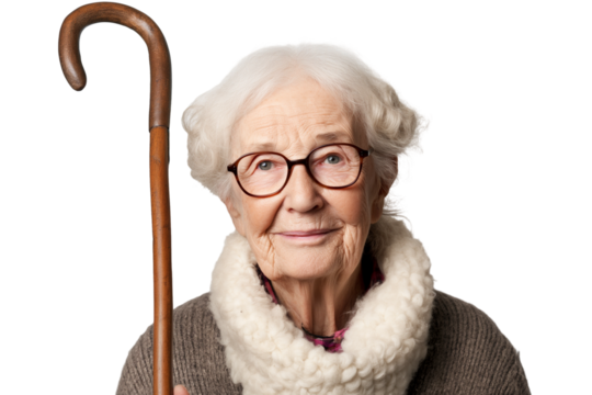 Energetic elderly Irish female sheep farmer with crook isolated on transparent white background