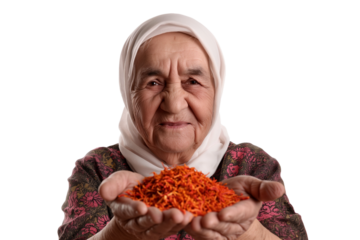 Warm elderly Turkish female spice trader with hands dusted in saffron isolated on transparent white background