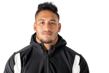 Relaxed young Samoan male rugby coach in tracksuit isolated on transparent white background
