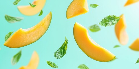 Flying fresh mango slices with mint leaves, floating against a pastel turquoise background