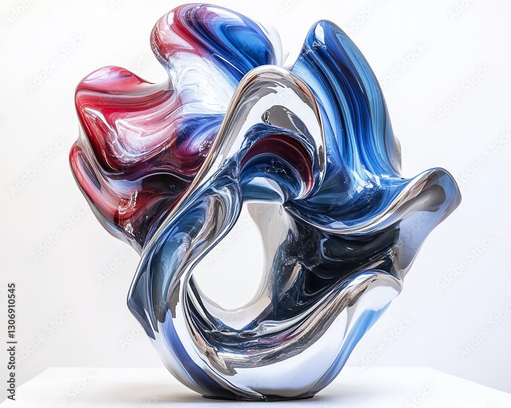 Poster abstract sculpture with red, blue, and silver glossy texture, showcasing dynamic fluidity and moveme