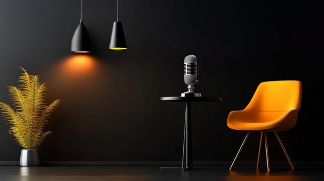 A stylish podcast studio setup featuring a vintage microphone on a sleek black table, a modern yellow chair, and elegant pendant lighting against a dark moody background.  
