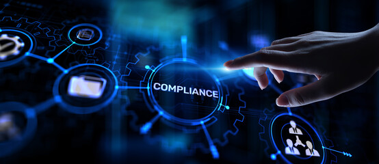 Compliance concept with icons and text. Regulations, law, standards, requirements, audit diagram on...