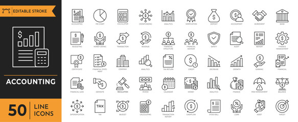 Accounting icon set. Containing Finance, Tax, Audit, Invoice, Business, Report, and more. Editable stroke. Vector illustration