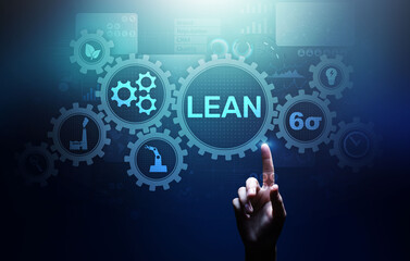 Lean, Six sigma, quality control and manufacturing process management concept on virtual screen.