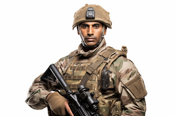 Indian Soldier in Uniform on White Background &ndash; Proud, Disciplined, and Brave Military Man Representing Strength, Leadership, and Commitment to Service in the Indian Army with Honor and Courage