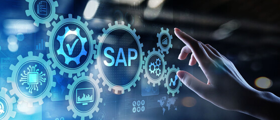 SAP - Business process automation software. ERP enterprise resources planning system concept on...