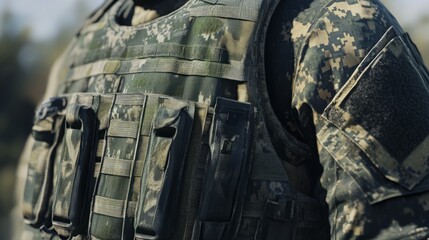 A close-up of a soldierâ€™s camouflage gear and combat vest, tactical and rugged, ultra-detailed, 4k