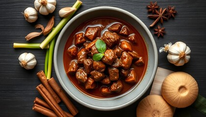 A delicious Indonesian Padang style beef rendang with fresh spices and herbs, ready to serve. A warm and inviting meal with a rustic feel.
