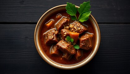 Delicious Indonesian Padang beef rendang in a gray bowl, surrounded by spices such as garlic, cinnamon and star anise. A fragrant and flavorful dish, viewed from top to bottom.