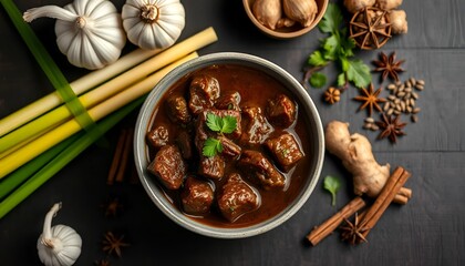A delicious Indonesian Padang style beef rendang with fresh spices and herbs, ready to serve. A warm and inviting meal with a rustic feel.