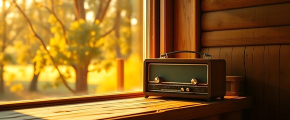 Serene image of a vintage radio by a window at sunset. Nostalgic and peaceful, perfect for retro or home themes