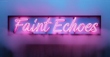 Neon sign faint echoes glowing soft pink metallic blue placed foggy bridge stretching unknown dreamlike space