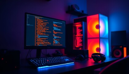 Computer setup with code on screen, ideal for programming, gaming, or tech concepts. Modern and dynamic scene.