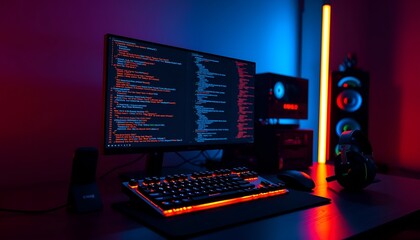 Dark room with a glowing computer, code on the monitor. Modern and stylish tech setup with vibrant neon lights.