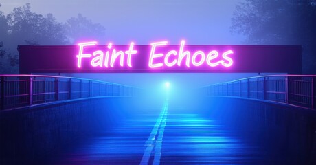 Neon sign faint echoes glowing soft pink metallic blue placed foggy bridge stretching unknown dreamlike space