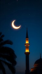 Beautiful night scene with a crescent moon and mosque tower. Serene atmosphere, perfect for religious or cultural themes.