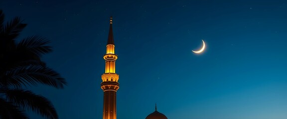 Illuminated minaret against a dark blue night sky, featuring a crescent moon and faint stars. Silhouette of palm leaves in the foreground.