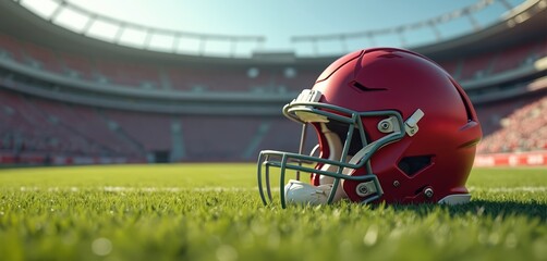 Red football helmet on green grass field at stadium on a sunny day. Sport equipment, protection gear. American football game event, match, gridiron. Professional team sport head protection.