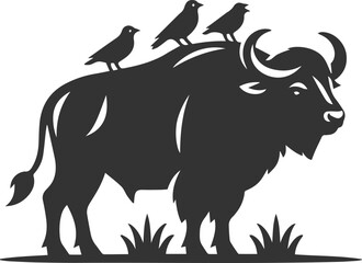 Buffalo standing with birds perched on its back animal vector silhouette