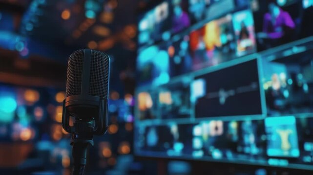 Professional microphone stands in sharp focus in the foreground, while blurred screens displaying various video feeds create a dynamic backdrop in a dimly lit studio environment