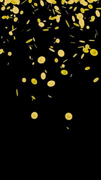 Showered with money. Gold euro coins tumbling like leafs. Animated overlay with transparent background alpha
