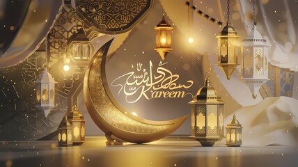Elegant Arabian Themed Ramadan Eid Illustration with Glowing Golden and White Lanterns Intricate Islamic Geometric Patterns Beautiful Calligraphy and a Warm Festive Ambiance Spirituality and Tradition