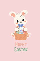 Vector Happy Easter card. Cute white happy Bunny with basket full of eggs on a pink background. 