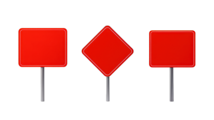 Red traffic signs, three distinct shapes, minimalist design, suitable for urban safety themes, ample space for text. Isolated on white background or PNG