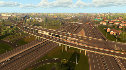 Fototapeta premium Aerial View Suburban Highway Interchange Traffic Flow Cityscape