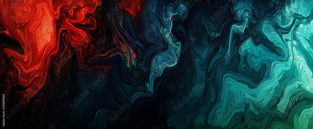 Poster Abstract swirling red and teal paint texture, creating a dynamic and vibrant visual effect, showcasing fluidity and energy, suitable for modern design concepts
