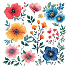 Flowers Clipart Set, Colorful Floral, Sublimation, Flowers PNG, Cute Flowers PNG, Party Decorations, Flower Stickers PNG, cartoon stlye