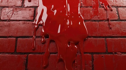 Crimson cascade, Viscous red fluid cascading down textured brickwork surface