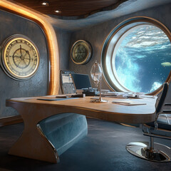 Fototapeta premium Luxurious nautical-themed office with round window, elegant desk, and maritime timepieces