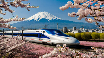 A modern bullet train (Shinkansen) speeding past a row of cherry blossom trees in full bloom, with Mount Fuji in the background.